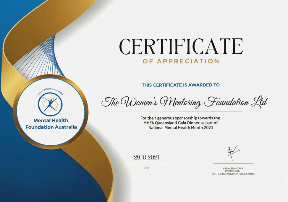 Mental Health Foundation Australia - Certificate of Appreciation 2021